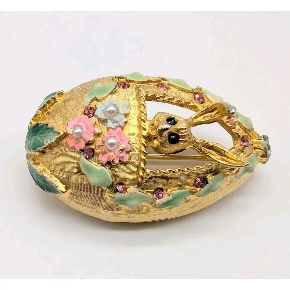 Vtg Mylu Easter Egg Bunny Brooch Pin Rhinestone Enamel Gold Tone